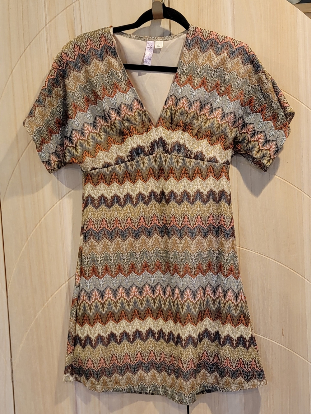 Alya Multicolor Zigzag V-Neck Dress in Cream, Brown & Blue